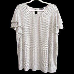 Adriana Papell White Black Polka Dot Pleated Double Flutter Sleeve Top Size 2X